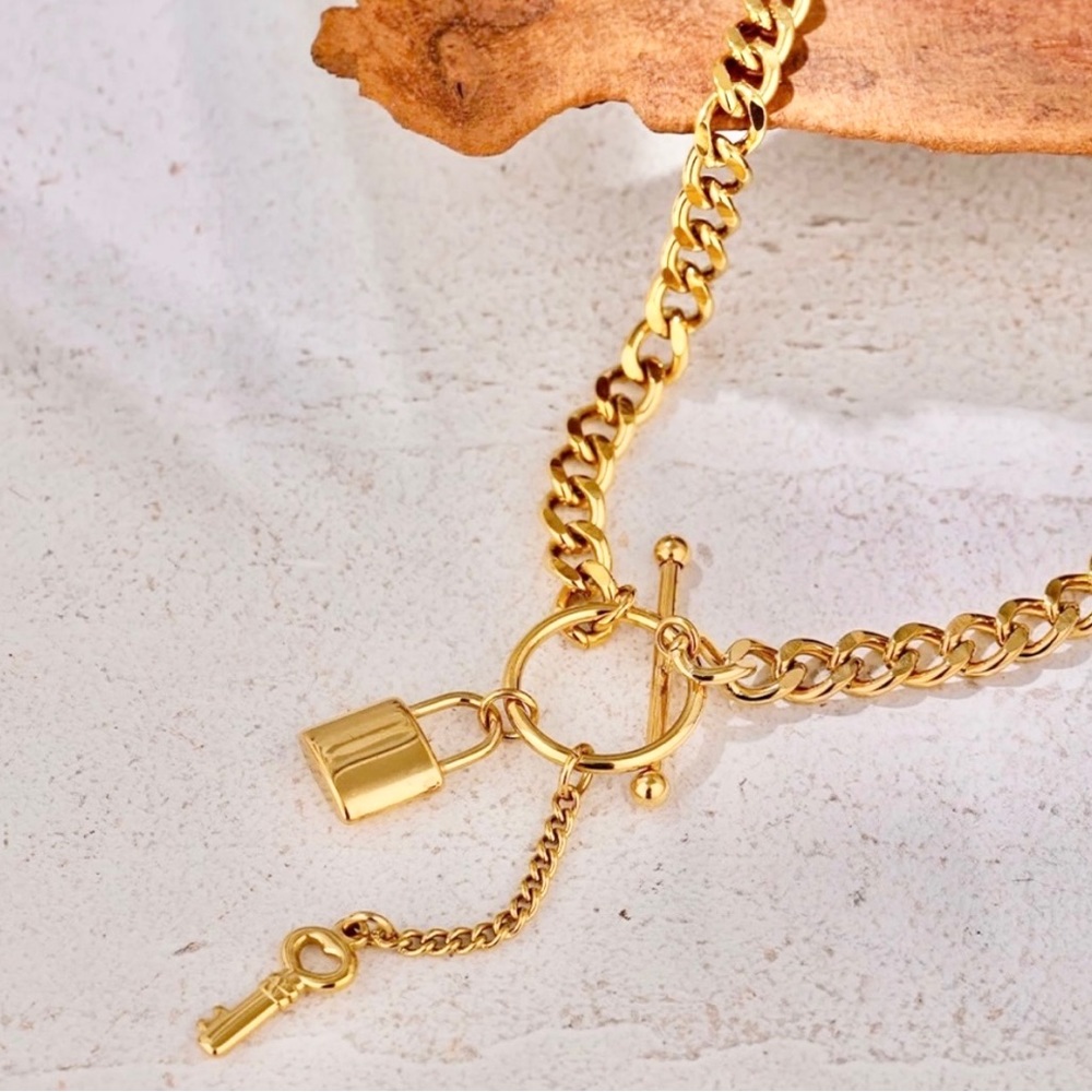 14k Gold Stainless Steel Toggle Lock and Key Pendant Necklace